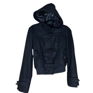 White Rivet Women's petite pm Black wool blend toggle Hooded bomber Jacket